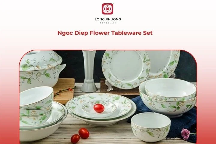 Ngoc Diep set with soft pink lotus blossoms on glossy porcelain, creating a gentle and peaceful dining scene