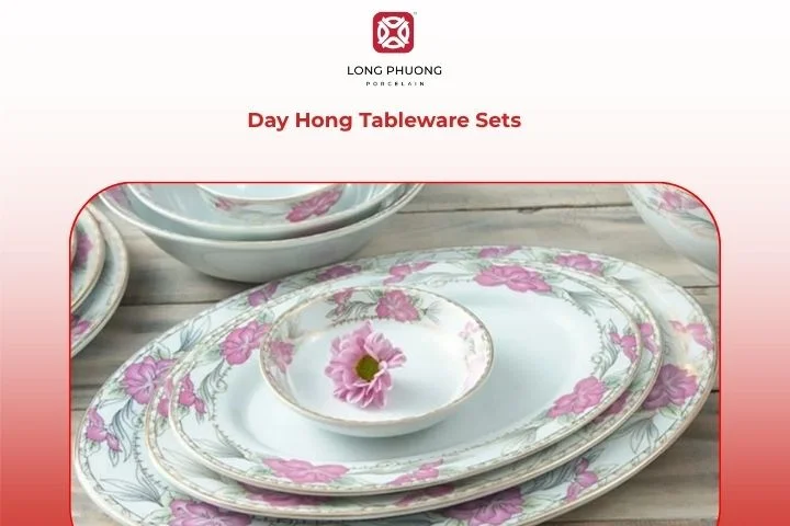 Day Hong set featuring vivid rose designs on bright porcelain, styled elegantly on a modern dining table