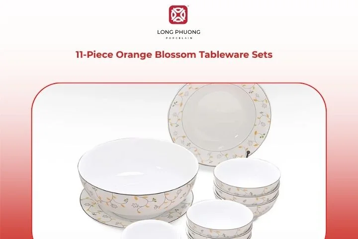 1‑Piece Orange Blossom set displaying soft orange floral accents on crisp white porcelain, creating a welcoming dining scene. 