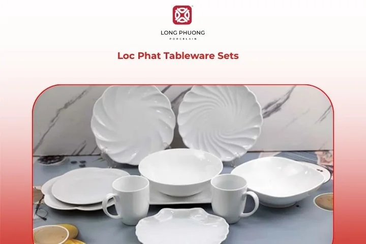 Loc Phat set showcasing intricate yet understated motifs on white porcelain, styled simply for graceful dining.
