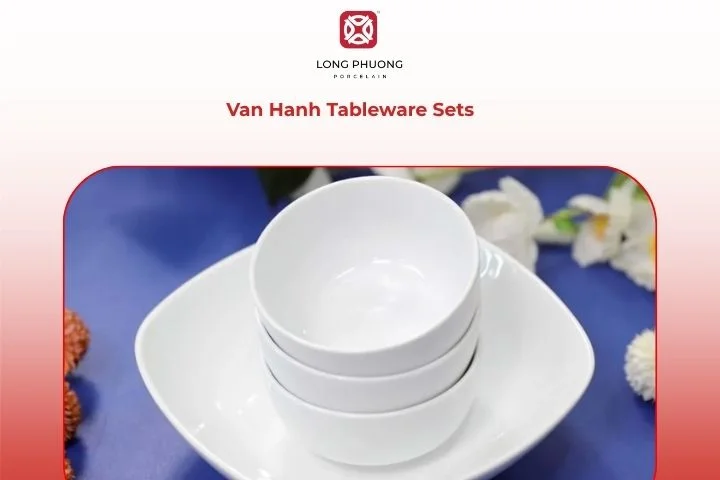 Van Hanh set with soft-toned patterns presented on a modern table setting, capturing calm elegance.