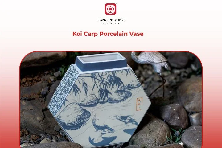Koi Carp Porcelain Vase – Artistic vase with embossed koi fish motifs symbolizing peace and prosperity.