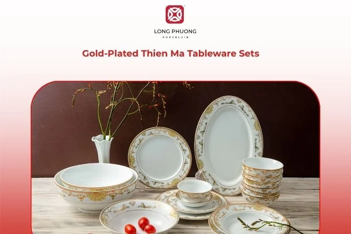 Elegant Gold-Plated Thien Ma porcelain dinnerware set with shiny golden accents and classic white background