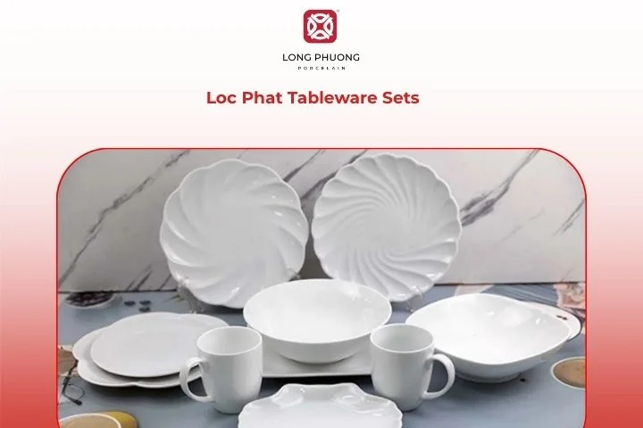 Loc Phat dinnerware set with classic white base and lucky decorative patterns symbolizing prosperity