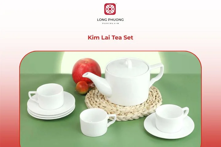 Elegant Kim Lai tea set with gold-plated rims and premium porcelain finish