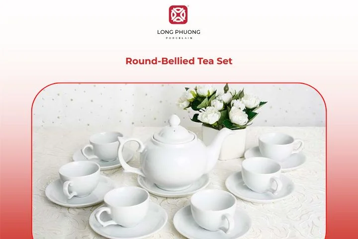 Traditional rounded porcelain teapot and cups set for comfortable tea moments