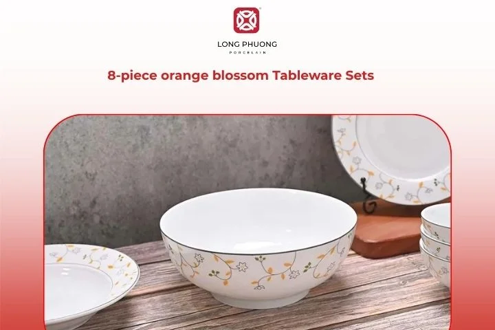 Elegant 8-piece porcelain tableware set decorated with soft orange blossom patterns