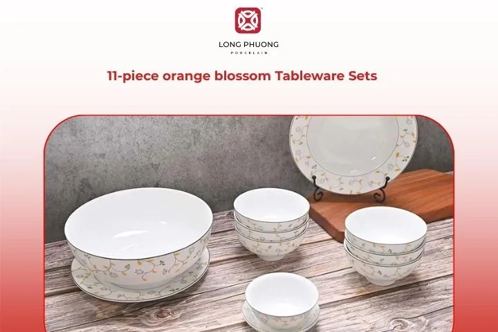 Celebrate vibrant mornings with the 11-piece orange blossom tableware sets from Long Phuong