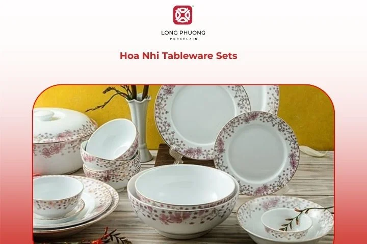 Hoa Nhi dinner set with delicate small flower patterns and smooth, glossy porcelain finish.