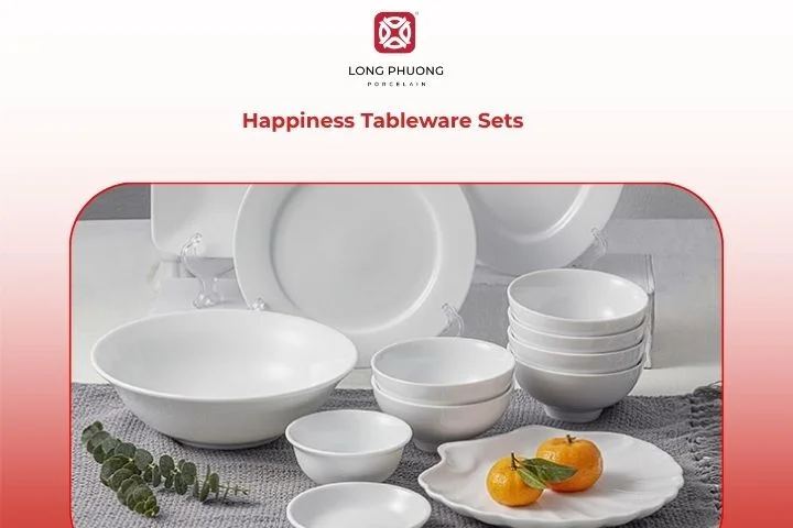 Happiness Tableware Sets beautifully arranged on a warm wooden table, minimalist design and flawless finish radiate quiet elegance