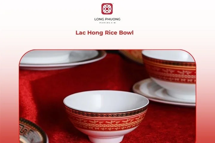Lac Hong rice bowl filled with hot steamed rice, paired with family dishes.