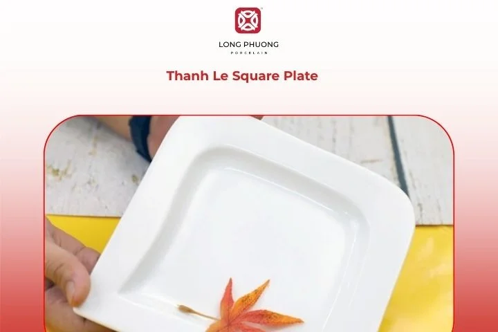 Thanh Le square plate showcasing sushi rolls and soy sauce.