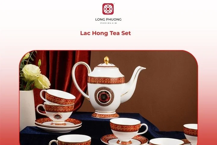  Lac Hong Tea Set symbolizing peace and longevity, set against a smooth glossy finish