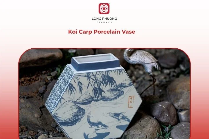 Koi Carp Porcelain Vase – Artistic vase with embossed koi fish motifs symbolizing peace and prosperity