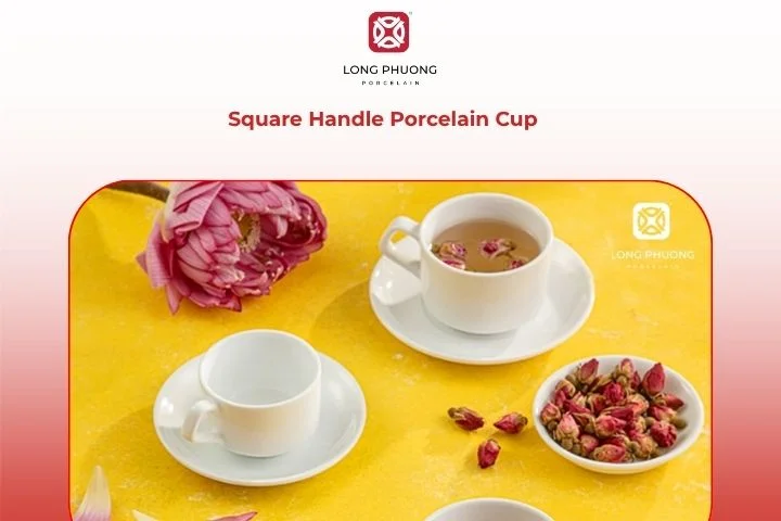 Square Handle Porcelain Cup – Modern porcelain mug with angular handle and clean lines.