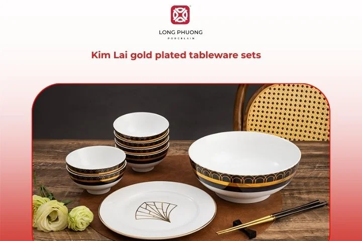 Exquisite porcelain dinnerware set with a bold black stripe, bright white background, and gleaming 24K gold‑plated accents