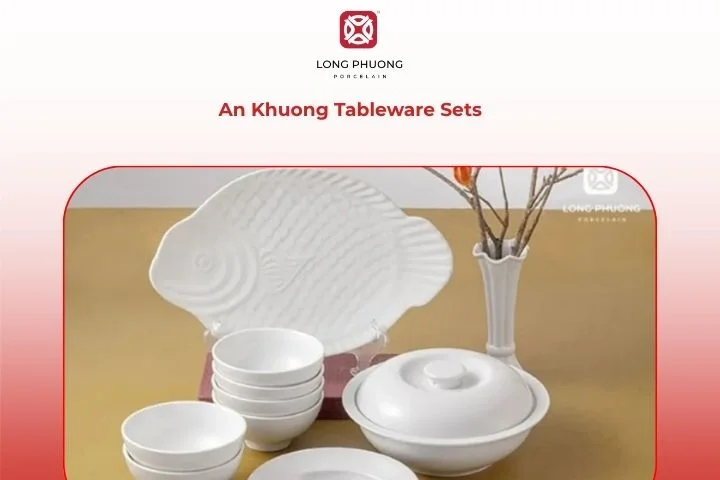 An Khuong porcelain tableware with unique cultural patterns on smooth, glossy porcelain