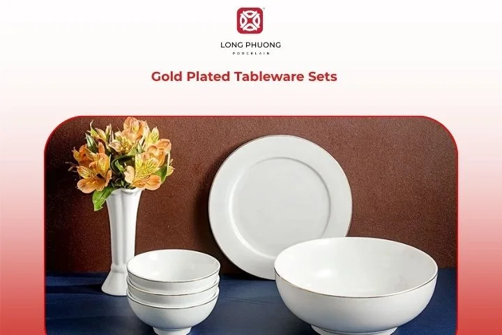 Luxurious gold-plated porcelain tableware with glossy white finish and elegant gold accents.