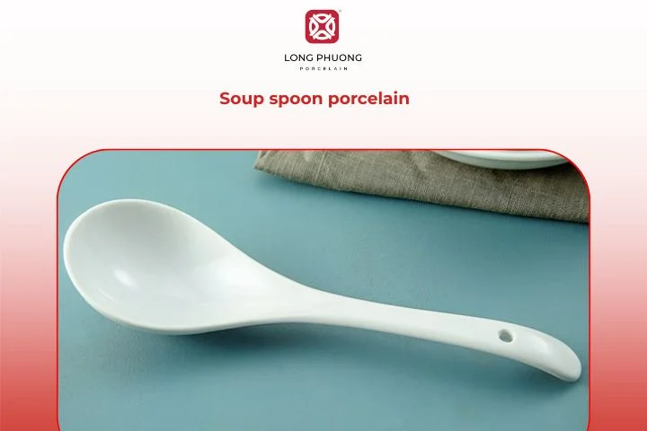 Soup spoon porcelain placed beside a hot bowl of broth, showing everyday function and elegant design.