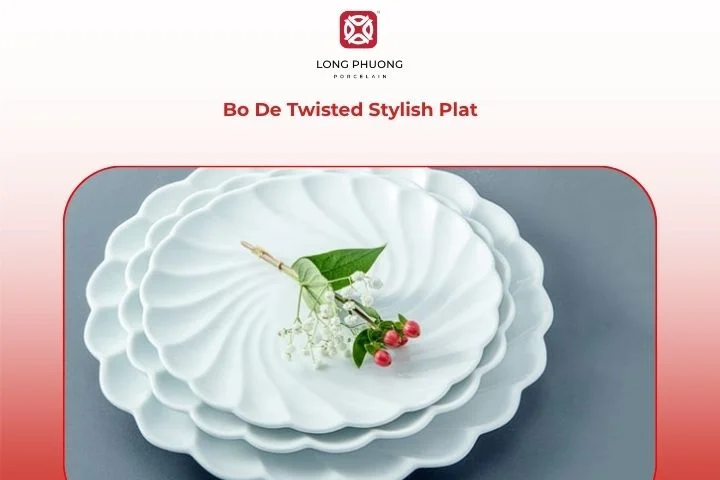 Bo De Twisted plate displaying gourmet steak with artistic garnish, placed on a chic, minimalist table setting