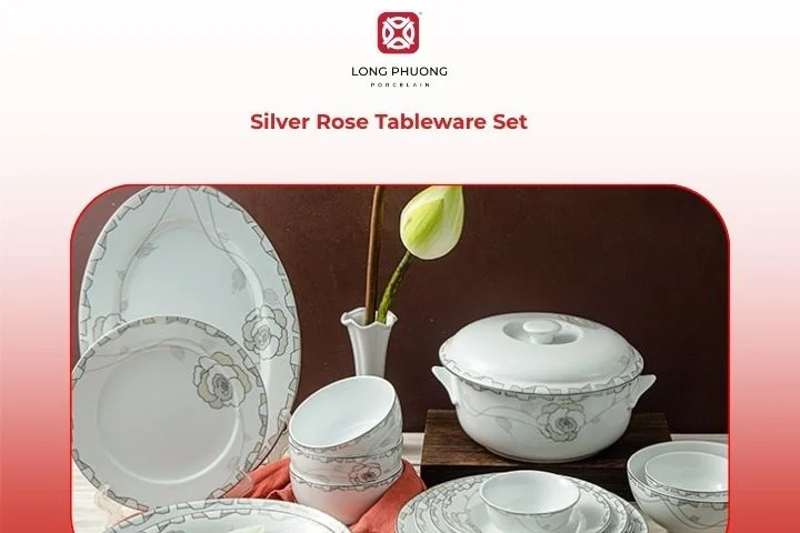 Silver Rose tableware set elegantly arranged with Western-style main dishes, creating a luxurious and romantic dining atmosphere