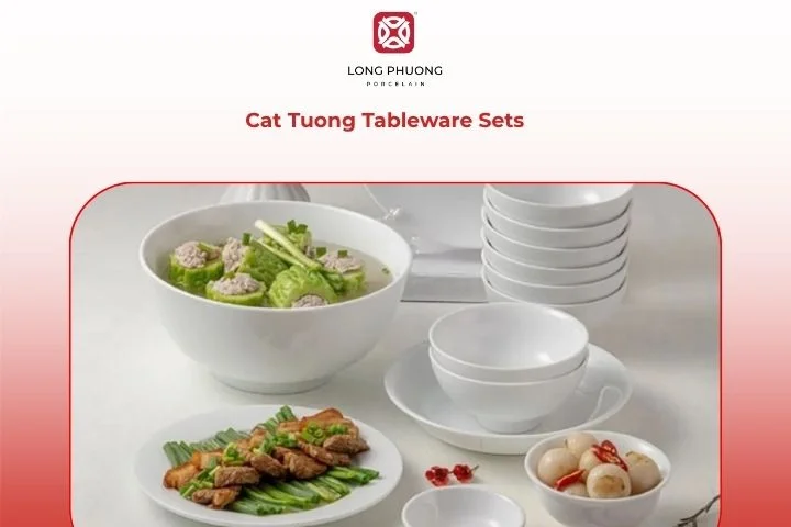 Cat Tuong dinner set featuring brilliant white porcelain with smooth surfaces and simple, sophisticated styling